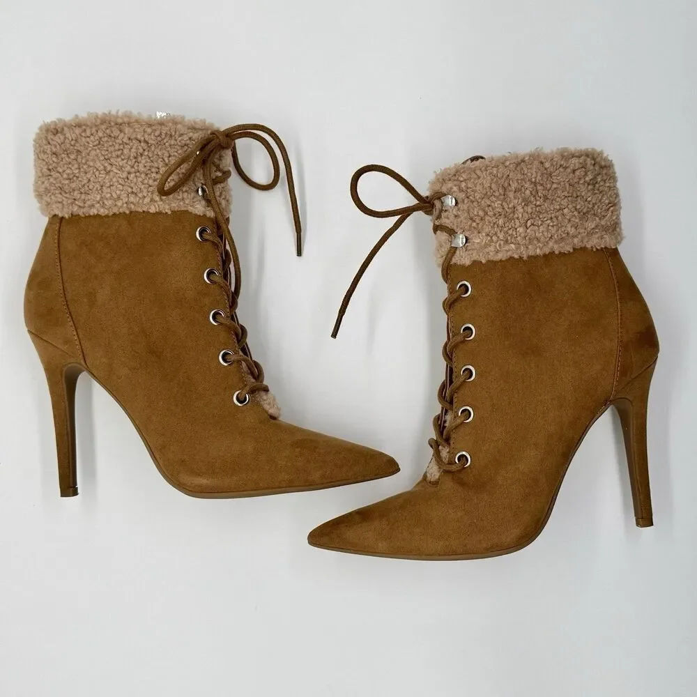 JESSICA SIMPSON Ankle Boots Women's Sz 5.5 Tan Stiletto Heel Vegan Faux Fur Cuff
